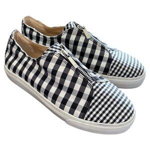 Lafayette 148 Dade Gingham Zip Sneakers 6M Black White Plaid Slip Ons Preppy